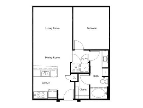 Floor plan for 1 bed, 1 bath, 716 sqft
